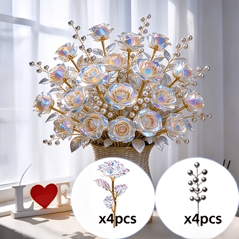TEMU 8pcs Set Of Crystal Set, Including 4pcs Crystal Roses And 4pcs Silvery Berries, Home Decoration Artificial Flowers, Maintenance-free Home