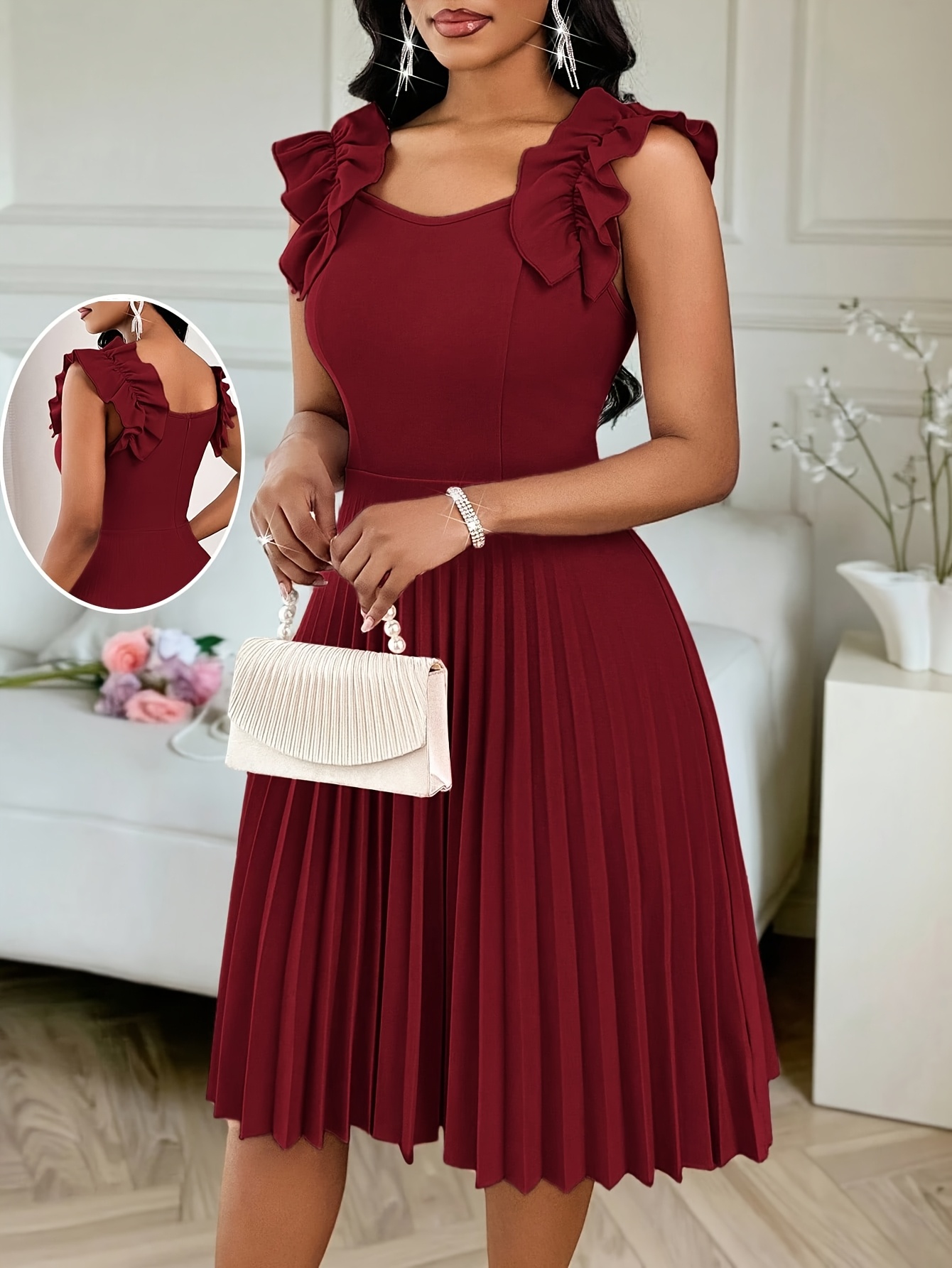 elegant wine red ruffle dress v neck solid color pleated - Temu Oman