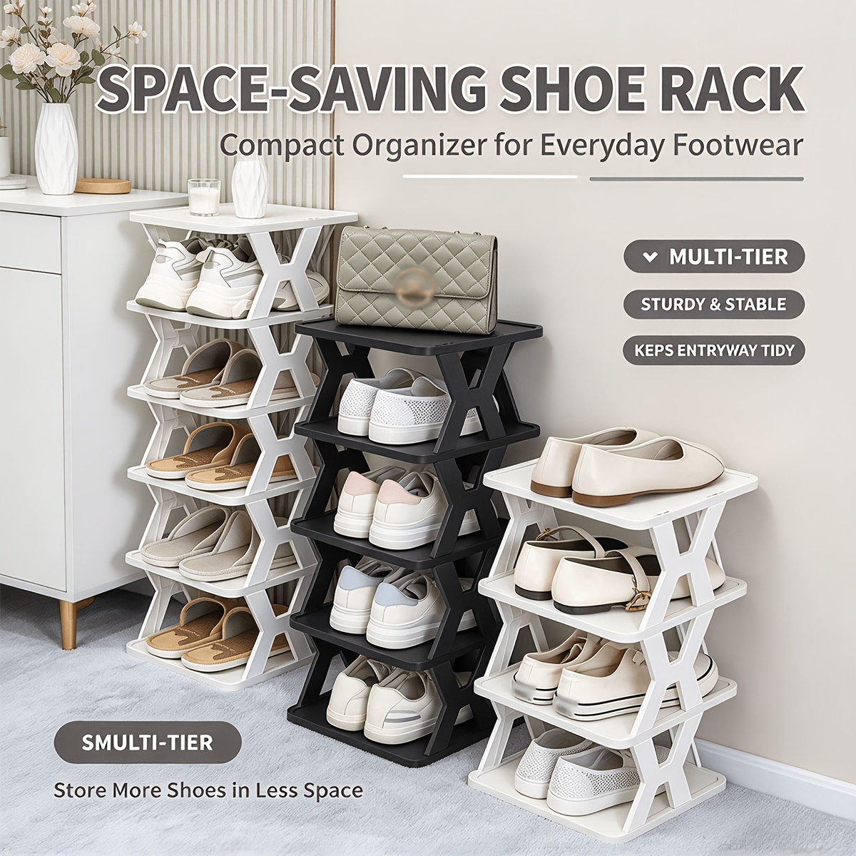 6-lagiges Schuhregal, neues Upgrade 2026 für kleine Räume, Schuhschrank-Aufbewahrung, Schuhorganizer, Schuhaufbewahrung, Schuhregal, Weiß, Schwarz, Eck-Schuhregal, * schmal, dünn, Kunststoff,