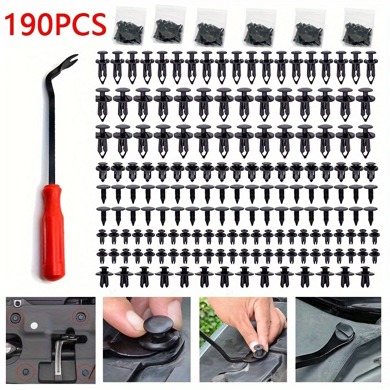 TEMU 190pcs Auto Plastic Buckle Bumper Clips Fixing Nail Kit 6 Styles Plastic Retainer Fasteners Clip Car Body Push Rivets Parts With Screwdriver Tool Set