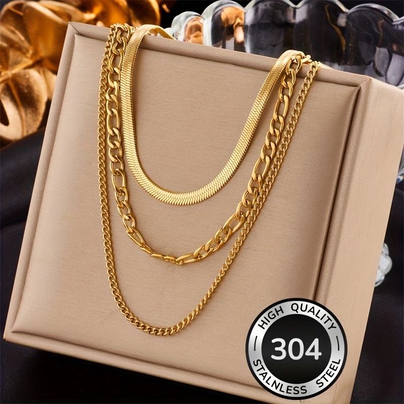 Image of 3pcs Stacked Necklace 304 Stainless Steel Golden Necklace Hip Hop Stacked Style Street Trendy Unisex Necklace