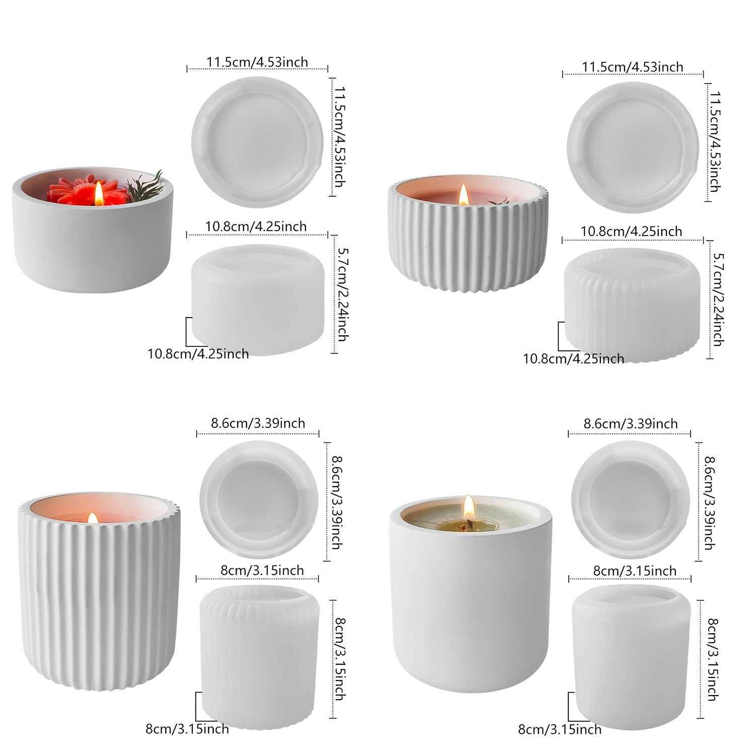 TEMU 8pcs Jar Silicone Mold Set (ribbed & Smooth Designs) - Solve Sticky Demolding & Generic Candle Containers: 3d Cylindrical Jar & Lid Molds For