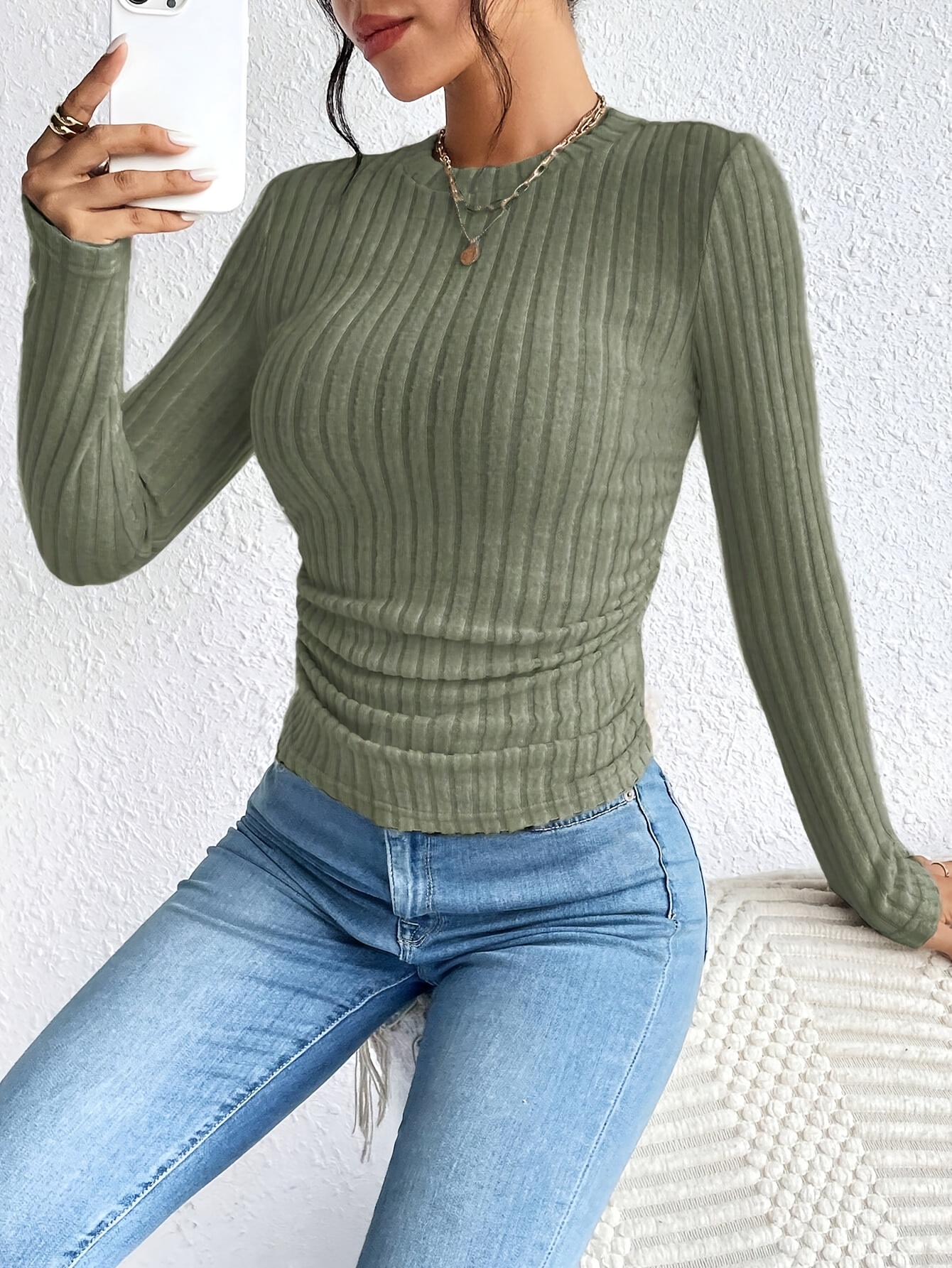 Women's Elegant Ribbed T-Shirt - Solid Black Round Neck Medium Stretch Top, Machine Washable Spring/Summer Casual & Formal Wear, Ladies T Shirts, Everyday Top, Classic Style, Stretchy Fabric, Basic Tee, Office Women
