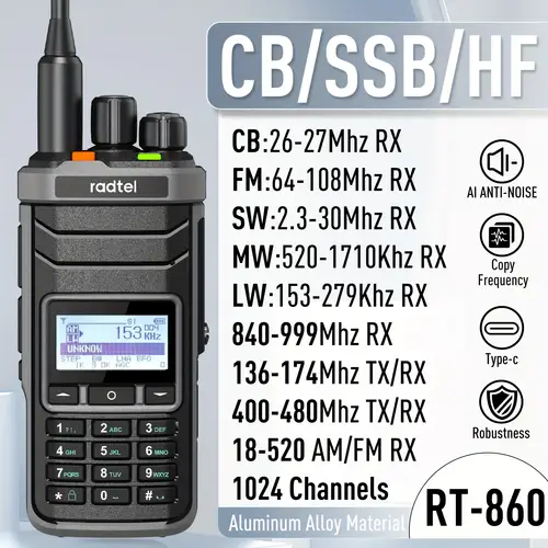 cb radio rt 860 ham radio 1024 channel weather long range walkie talkie dual band hf vhf uhf am usb lsb cb ssb type c fast charging aviation am receiver