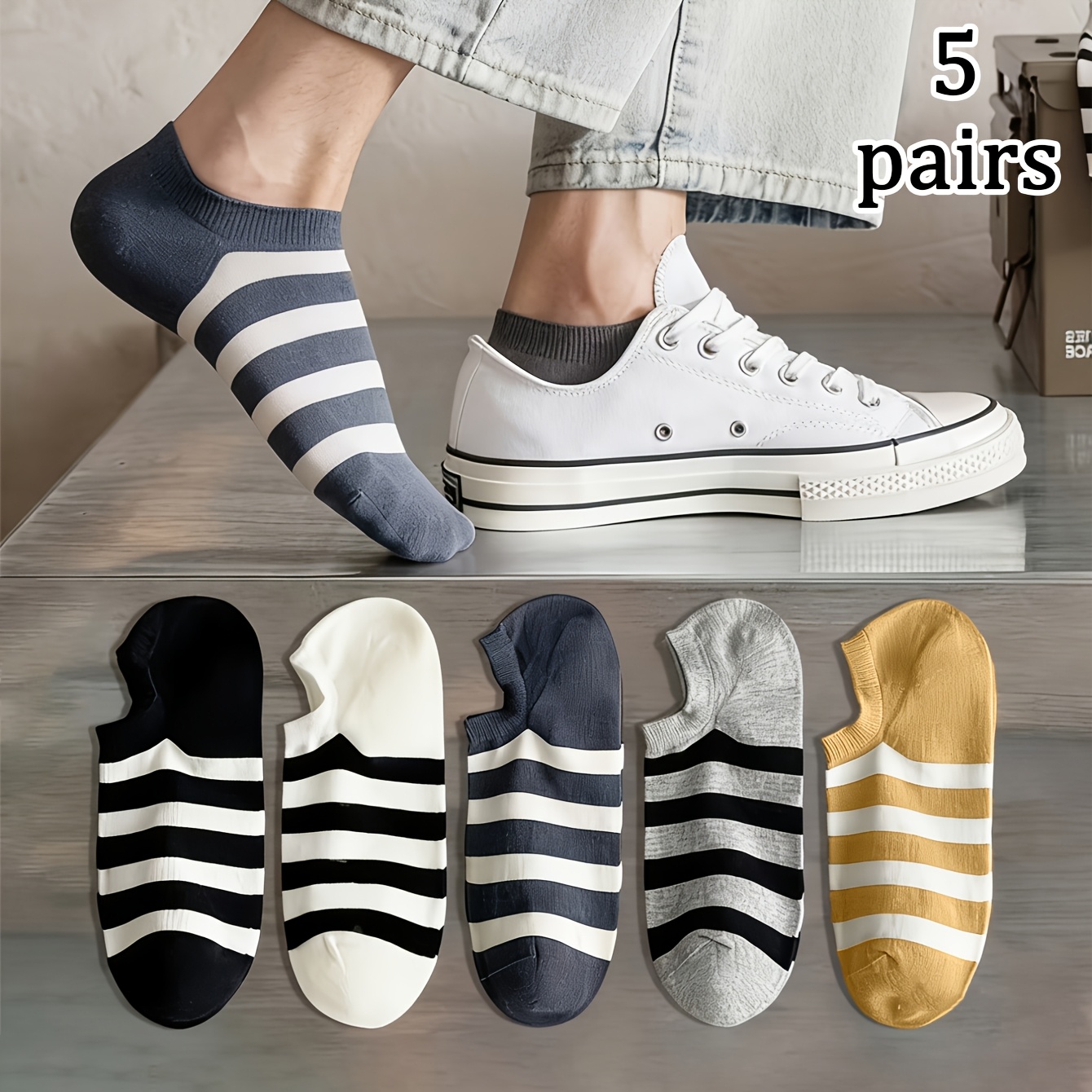 TEMU 5 Pairs Men's Boat Socks, Striped Short Socks, Easy To Match, Comfortable Fabric, Trendy And Fashionable, Sporty, , Essential For Daily Outfits,