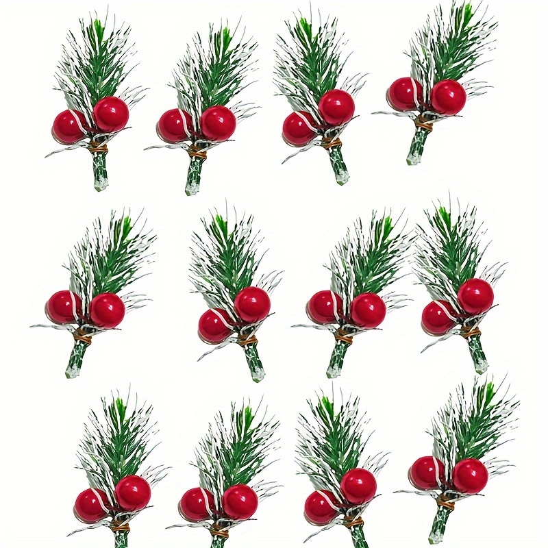 

24 Pcs Artificial Christmas Pine Branches With Red Berries – Faux Pine With Frosted Snow Effect – Plastic Holiday For Diy Crafts, Gift Box Decorations, And Party Supplies, Suitable For 14+