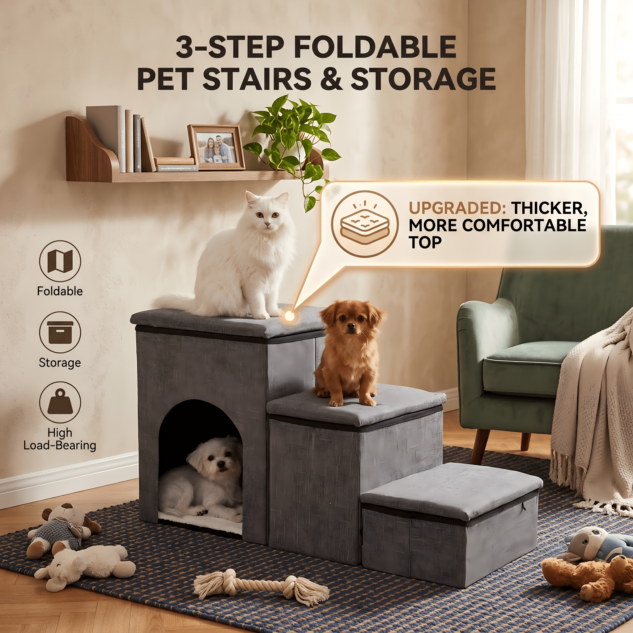 TEMU Foldable Pet Stairs, Dog Steps With Reinforced Thickened Top Platform, Multi-level Pet Staircase With Built-in Storage & Pet House, Non-slip Pet