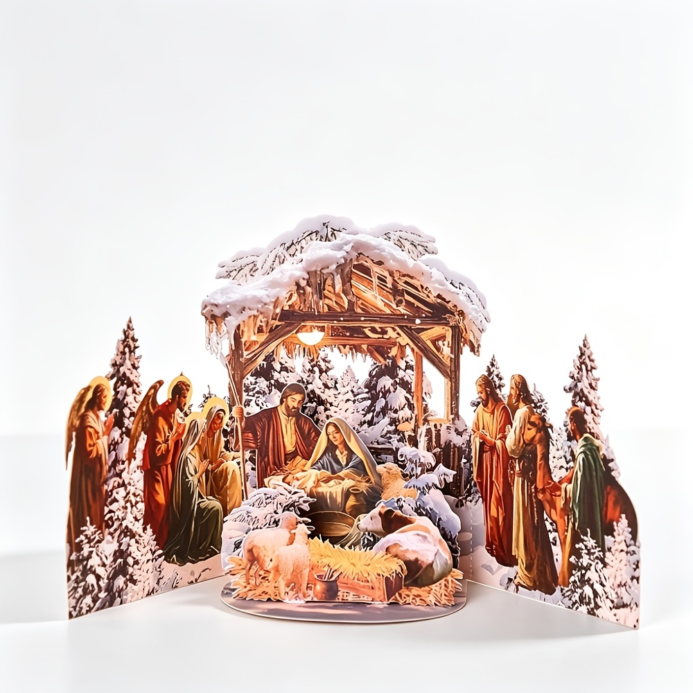 Image of 1pc Pop Up Christmas Cards Nativity, 3d Holy Night Nativity, Religious Card With Envelope For Holiday, Manger Scene, Christ, Holy Family, Handcrafted Decoration, Merry Christmas Gift