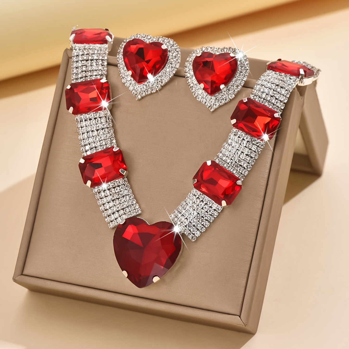 TEMU Sparkling Bling Bling Heart Necklace & Earrings Suitable For Wedding Bridal Jewelry, September Birthstone ( September Birthstone Gift),