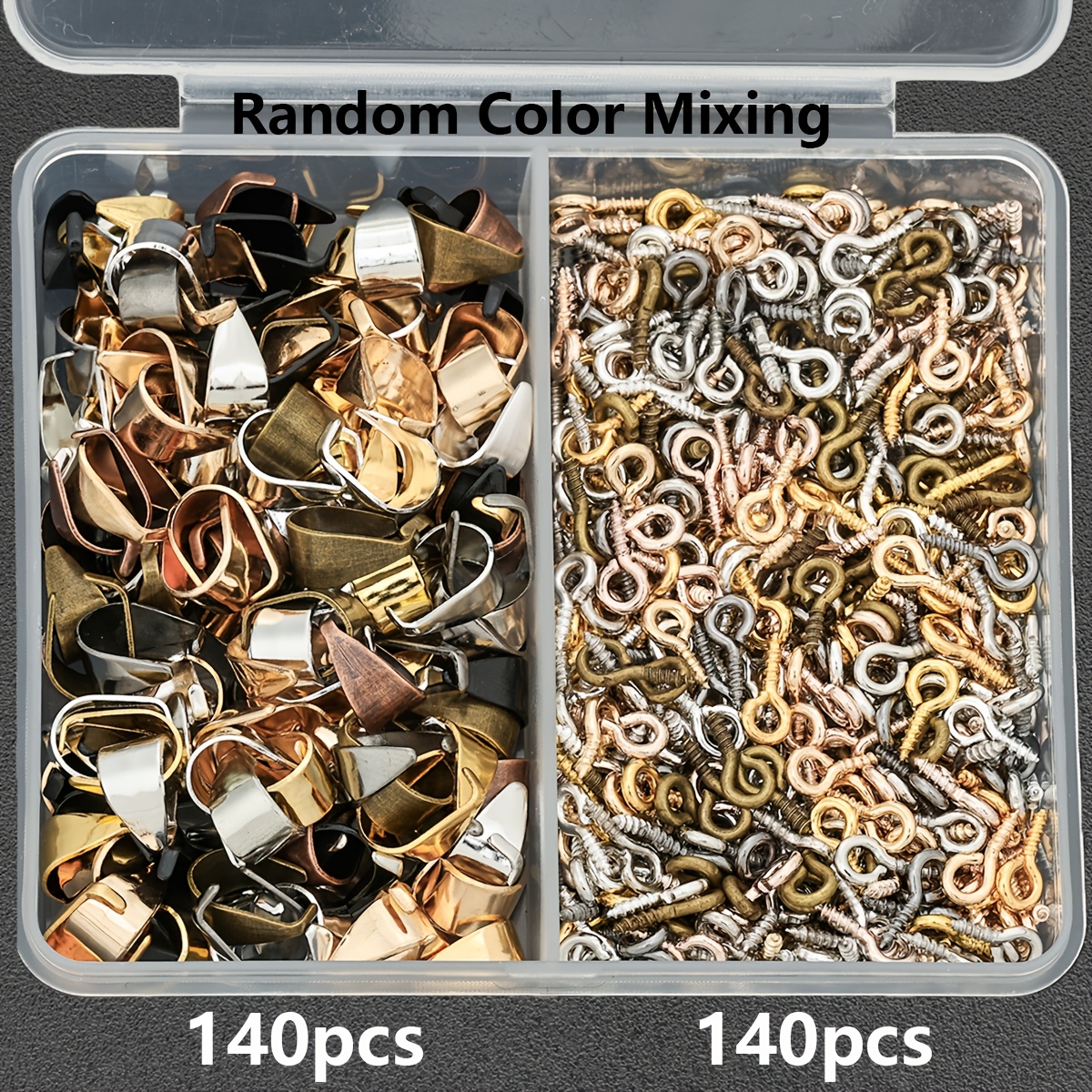 Image of 280pcs/box Making Parts, Assorted Random Colors, Includes 140pcs Eye Pins And 140pcs Clasps. Suitable For Weaving , Bracelets, Necklaces. With Eye Pins, Handmade Diy Beading, Pendant End Caps
