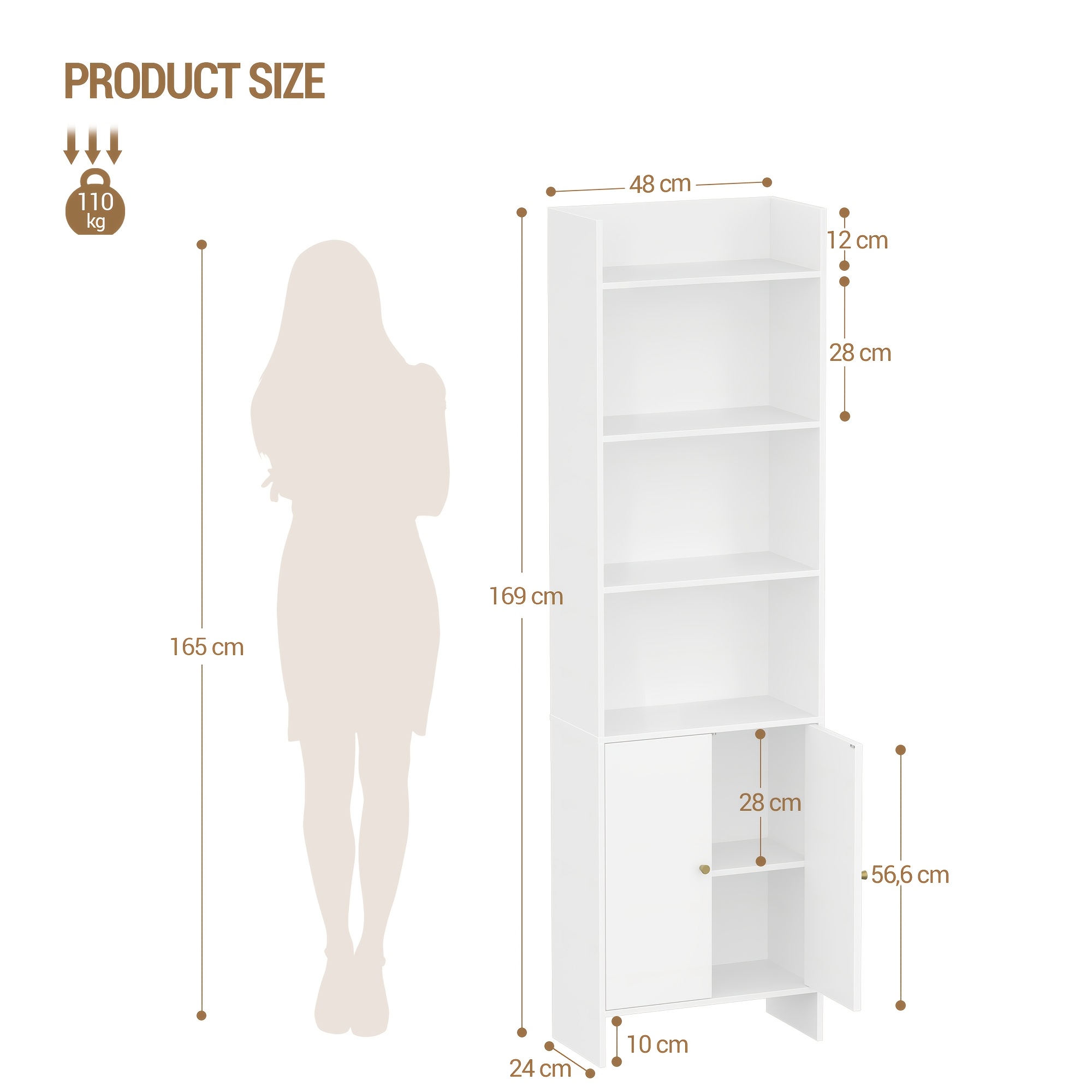 Bookcase With 2 Doors, 6-tier Bookcase, Shelf, Display Cabinet, Storage Rack For Living Room, Home Office, Kitchen, 24 X 48 X 169.2cm, White