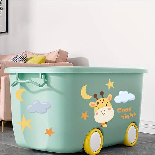 een schattige opbergdoos met twee kleuren en katrollen, ontworpen voor huishoudelijk gebruik met een handvat en deksel. het bevat een set cartoonstickers en heeft een capaciteit voor het organiseren van diverse poppen. deze stapelbare organizer is perfect voor boeken.