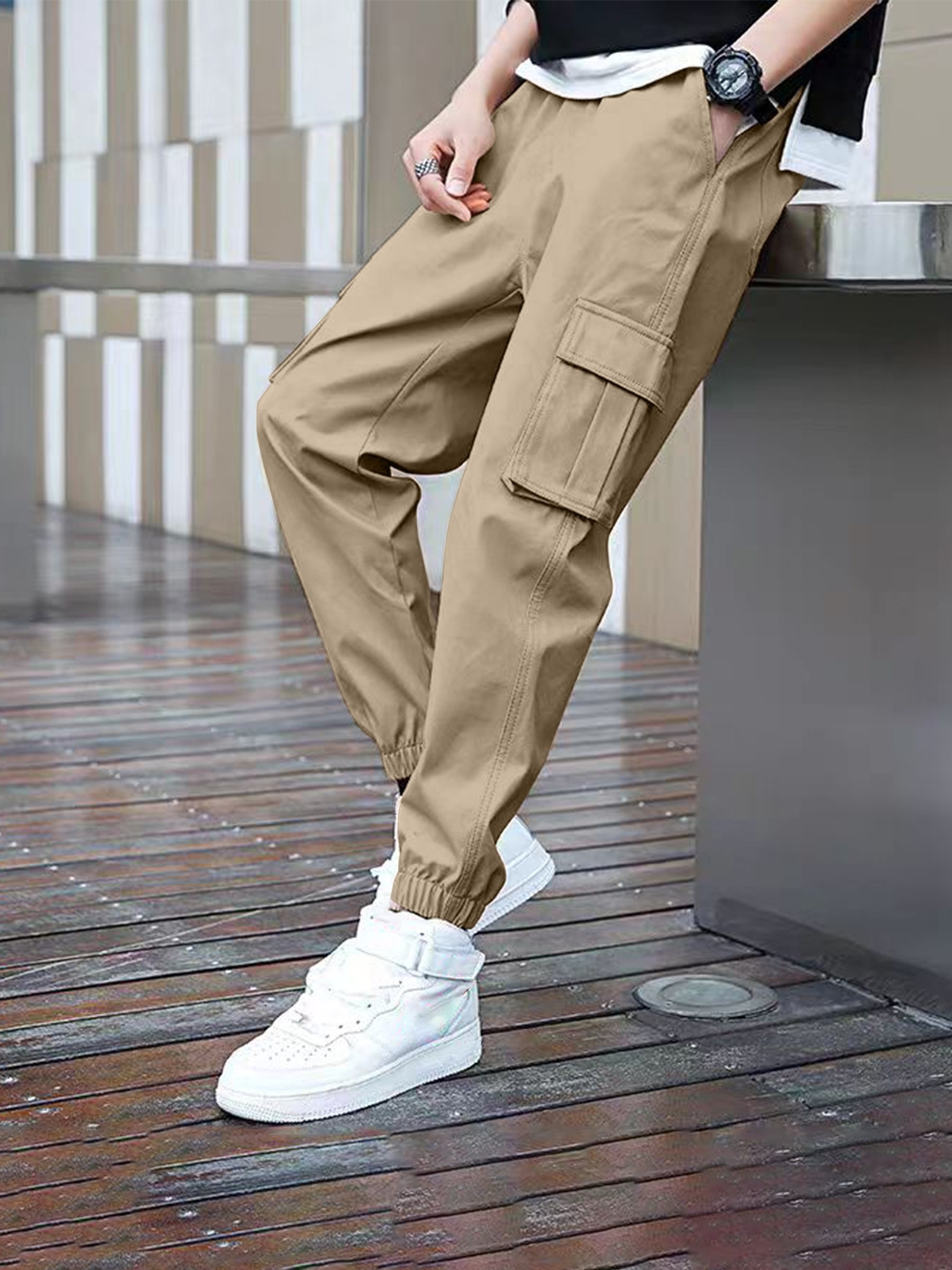 Solid Multi Zipper Pockets Men's Straight Leg Cargo Pants - Temu Canada