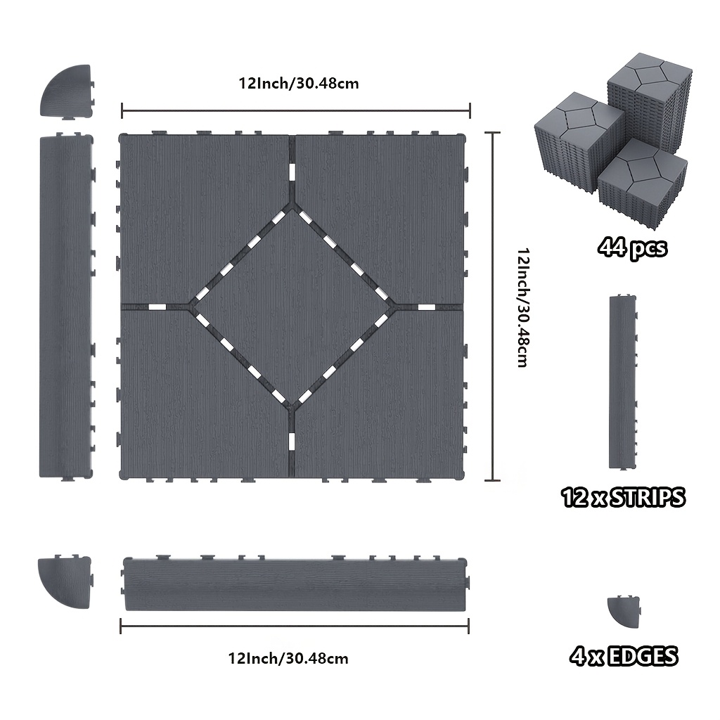 60pcs Interlocking Courtyard Deck Tiles Set | 44 Main Tiles, 12 Edge Tiles, 4 Corner Tiles | 12-inch Weather-resistant Plastic Outdoor Flooring | Suitable For Garden, Balcony, Poolside - Hexagon