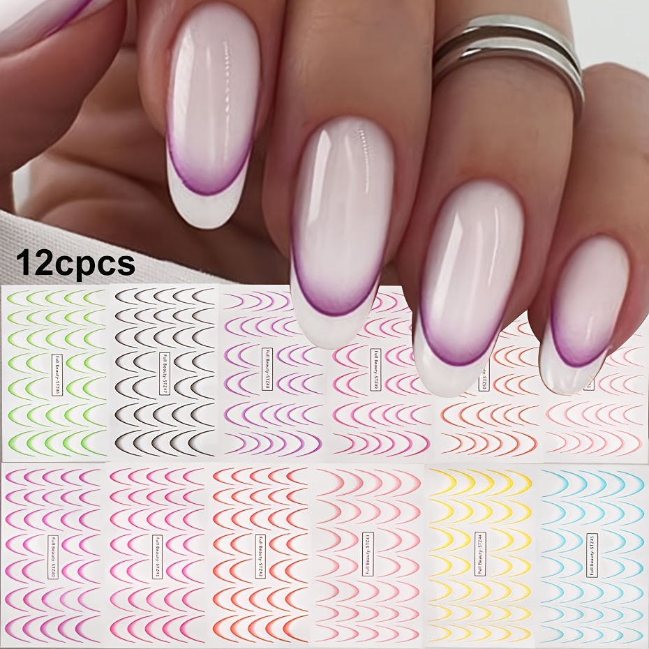 Full Gradient Nail Stickers Set - /korean Transfer Pre-cut Templates With Rainbow Glitter Gradient (for French Manicure, /) - Permanent (after Application) For Acrylic/gel/polymer Nails -