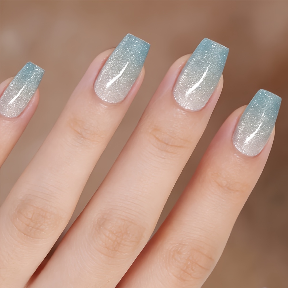 TEMU 24pcs Handmade Press On Nails Suitable For - Medium-t Length Blue Gradient Cat Eye False Nails With Glossy, Reusable Artificial Nails For