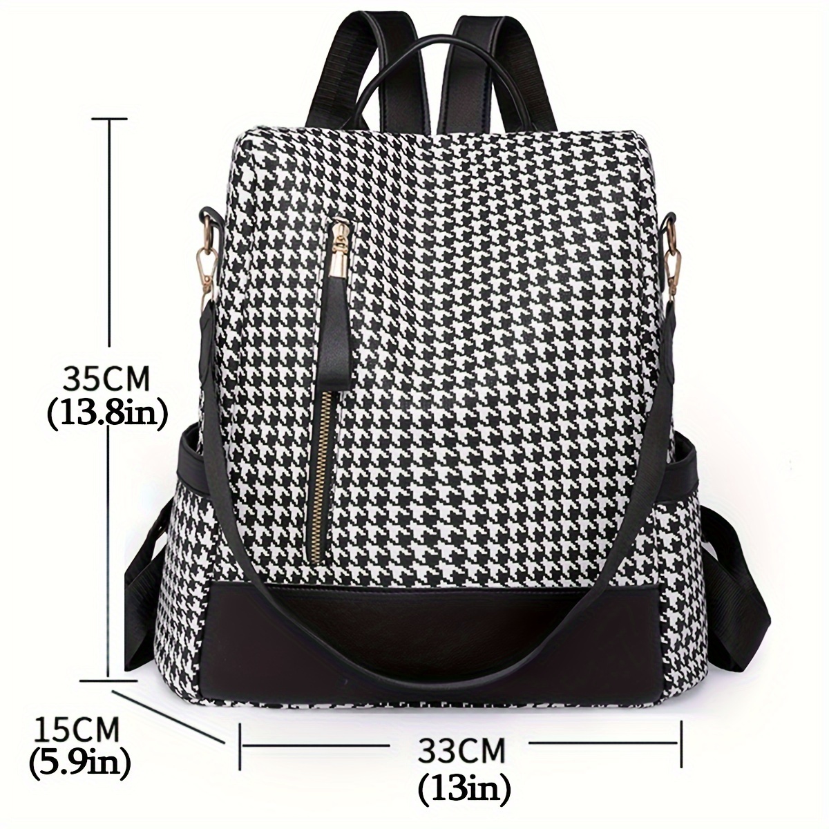 Bandolera de cuadros Houndstooth, mochila con cremallera para mujer, bolso grande casual de gran capacidad ideal para trabajo, estudio y compras