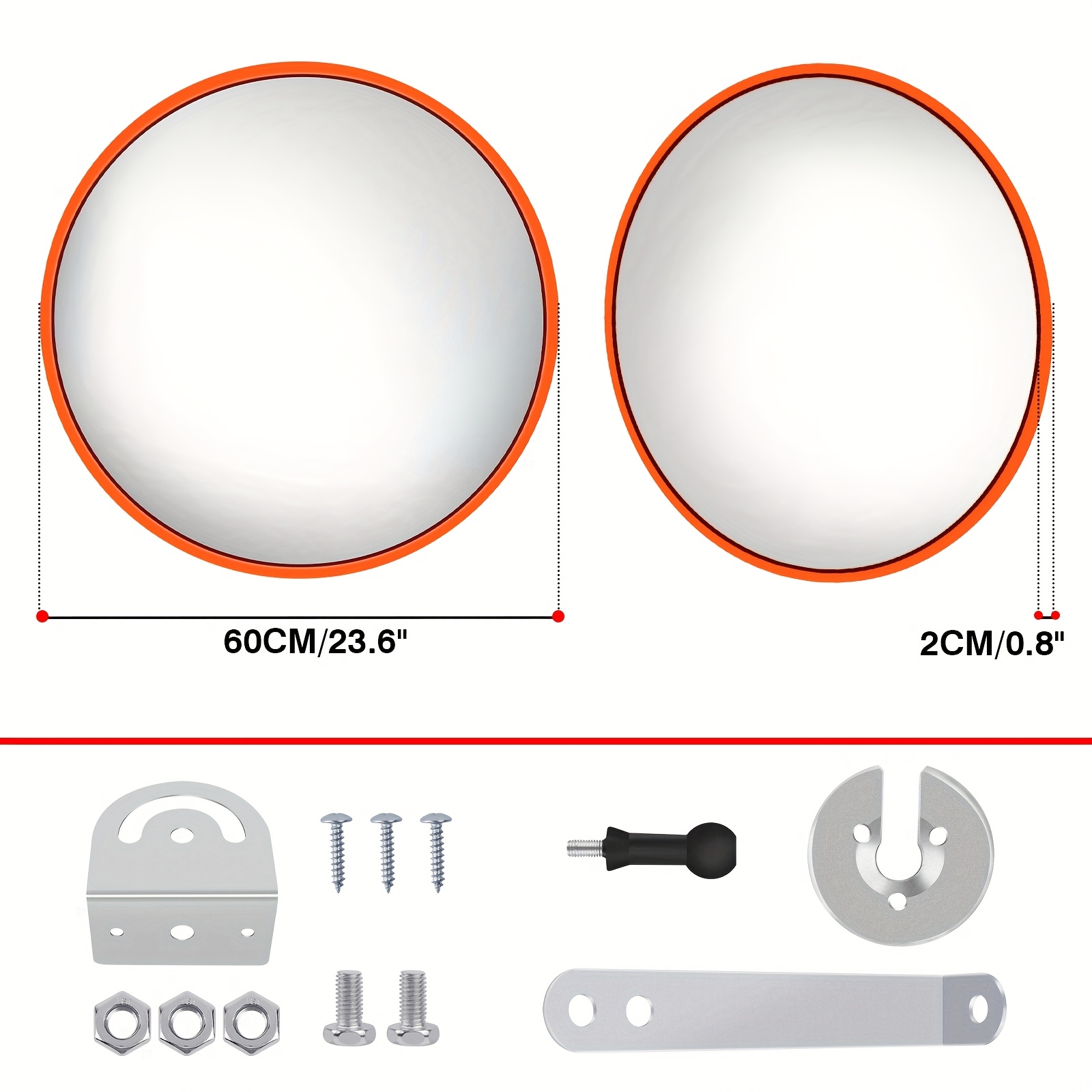 60cm/23.6inch Convex Traffic Curved Safety Mirror Wide Angle 130° For Driveways, , Garages, Supermaket And Offices, With Wall Bracket, Orange
