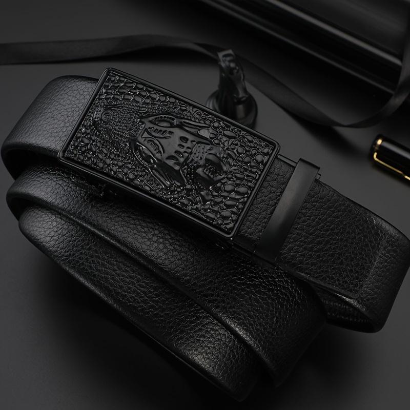 

Men's Crocodile Pattern Simulation Belt With Automatic Buckle - Perfect For Business Casual Wear And A Great Gift For Men, Featuring Alligator Head Design