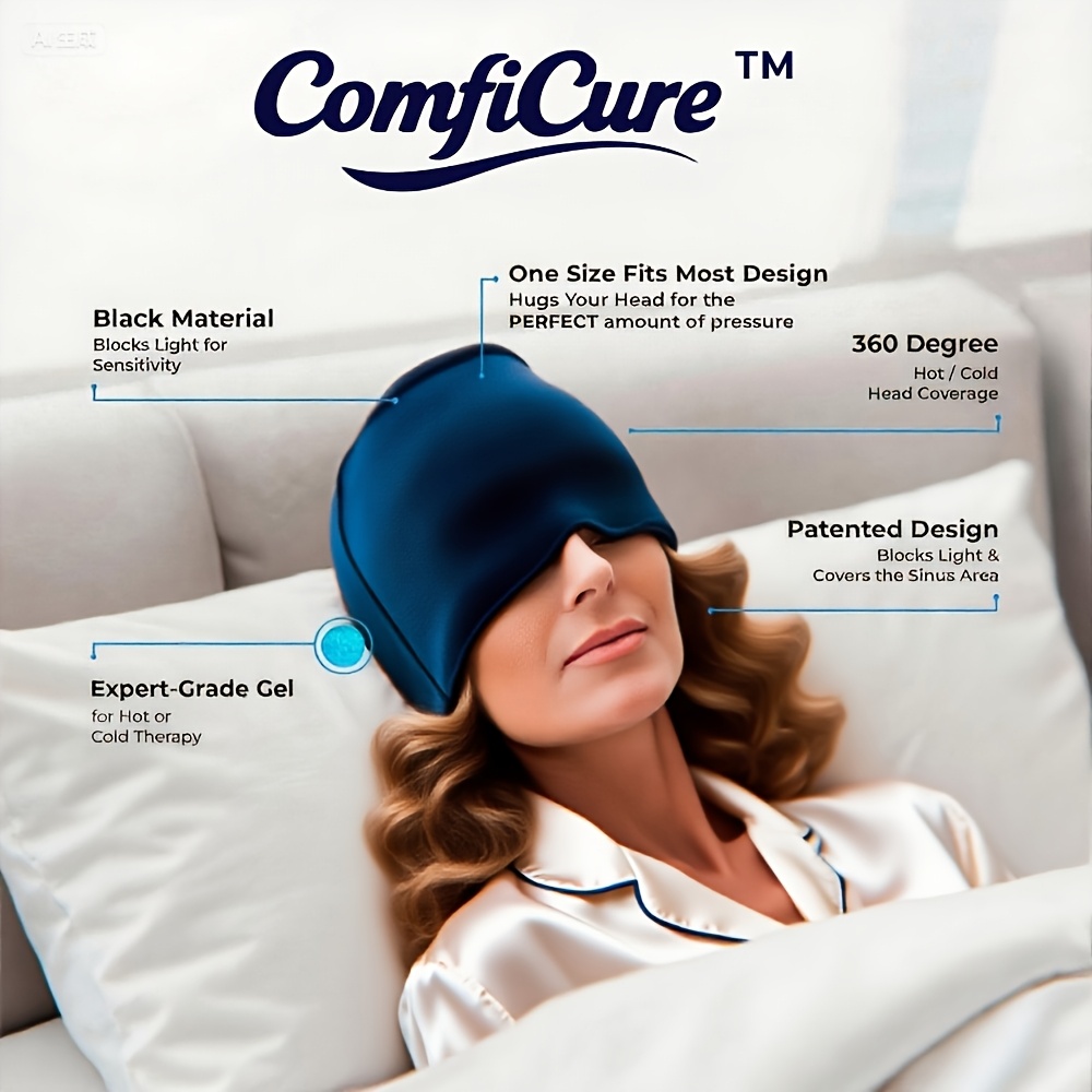 Comficure Migraine Cap, Soothing Headache Hat Ice Pack Mask, Face Cold Compress Cooling Gel Head Wrap Products for Tension, Stress & Hangover