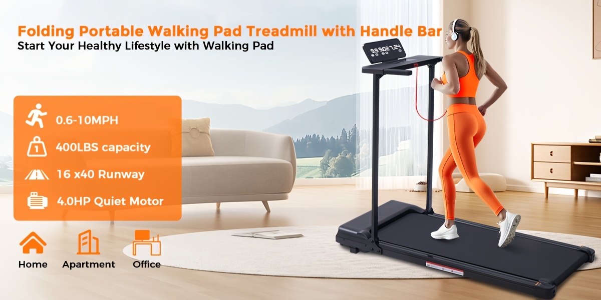 Treadmill With Handles, Small Treadmills Home, Portable Electric Treadmills For Home 400Lbs Capacity, Walking Pad Treadmill, Lightweight Folding Foldable Walking Pad With LED Display, Without Battery
