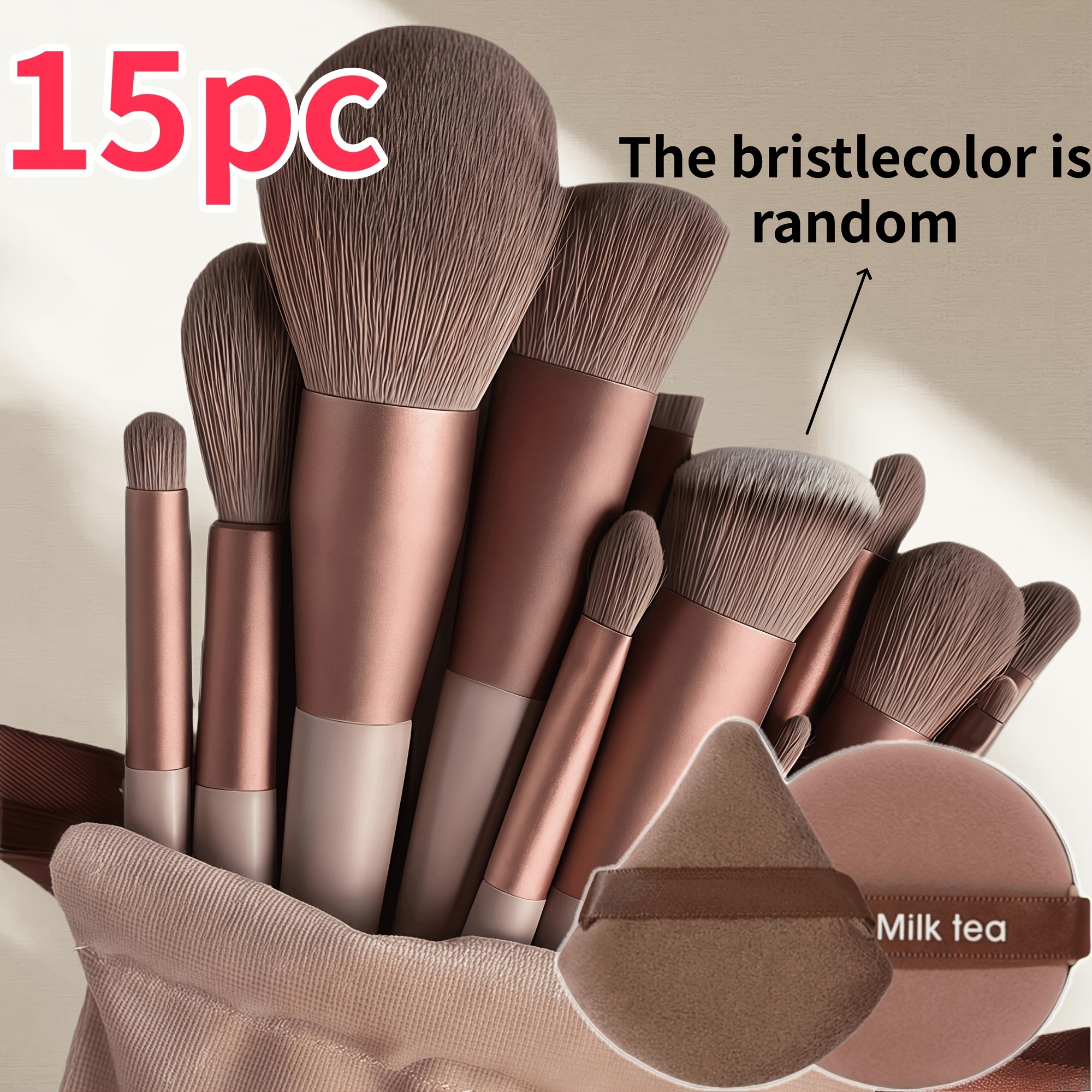 15pcs makeup brush set including 13pcs makeup brushes and 2pcs brown makeup sponges random bristles per brush eye shadow foundation bb cream concealer makeup brushes soft all in one makeup tools for women makeup tools with soft fiber