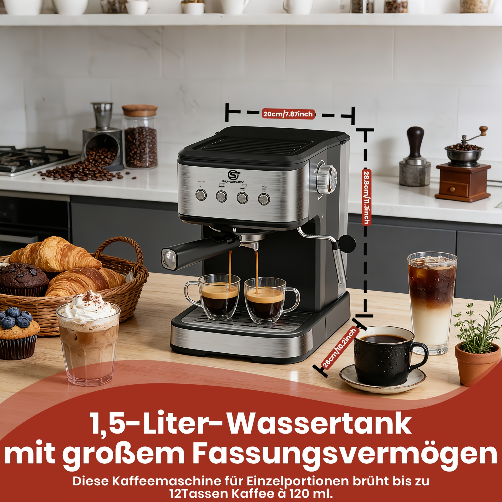 E-shop SUPERLEX Espressomaschine mit professionellem Portafilter und Milchaufschäumer, einem 1,5-Liter-Aufstellwasserbehälter und einfacher Zubereitung