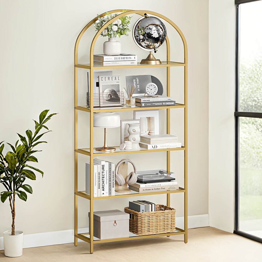 E-shop Goldener 5-Ständer Bücherregal mit Panzerglas, gebogenes Aufbewahrungsregal, geeignet für Wohnzimmer, Schlafzimmer und Badezimmer,