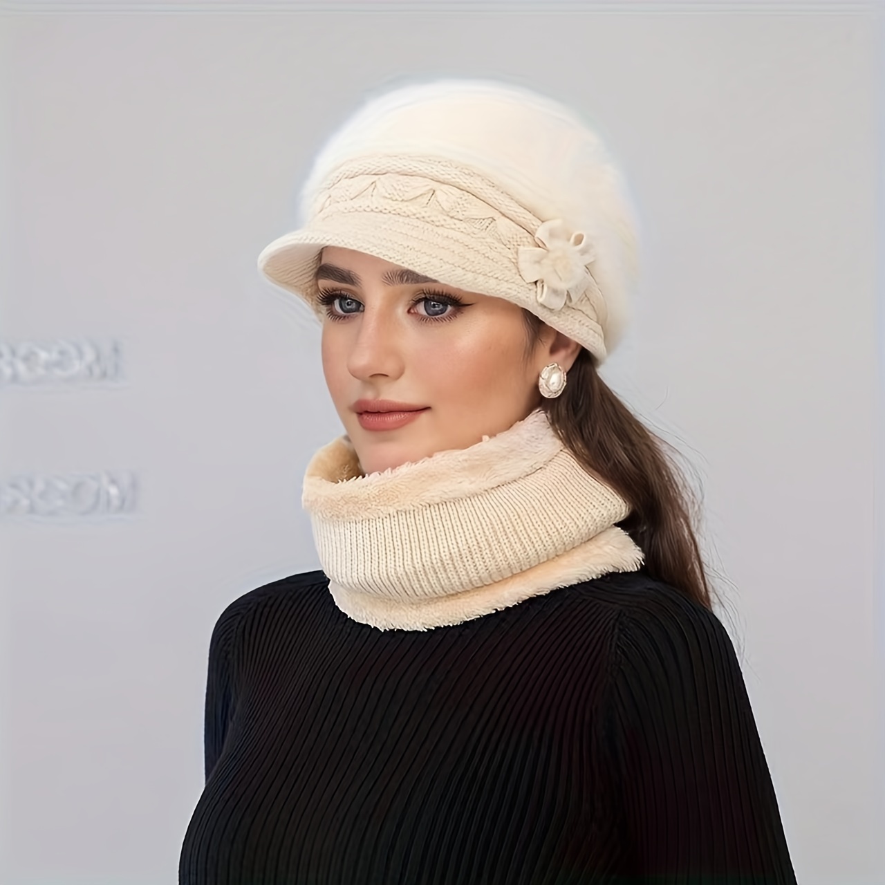 

Elegant Middle-aged And Elderly Mom Hat, All- Warm Knitted Hat, Rabbit Hat + Neck Warmer