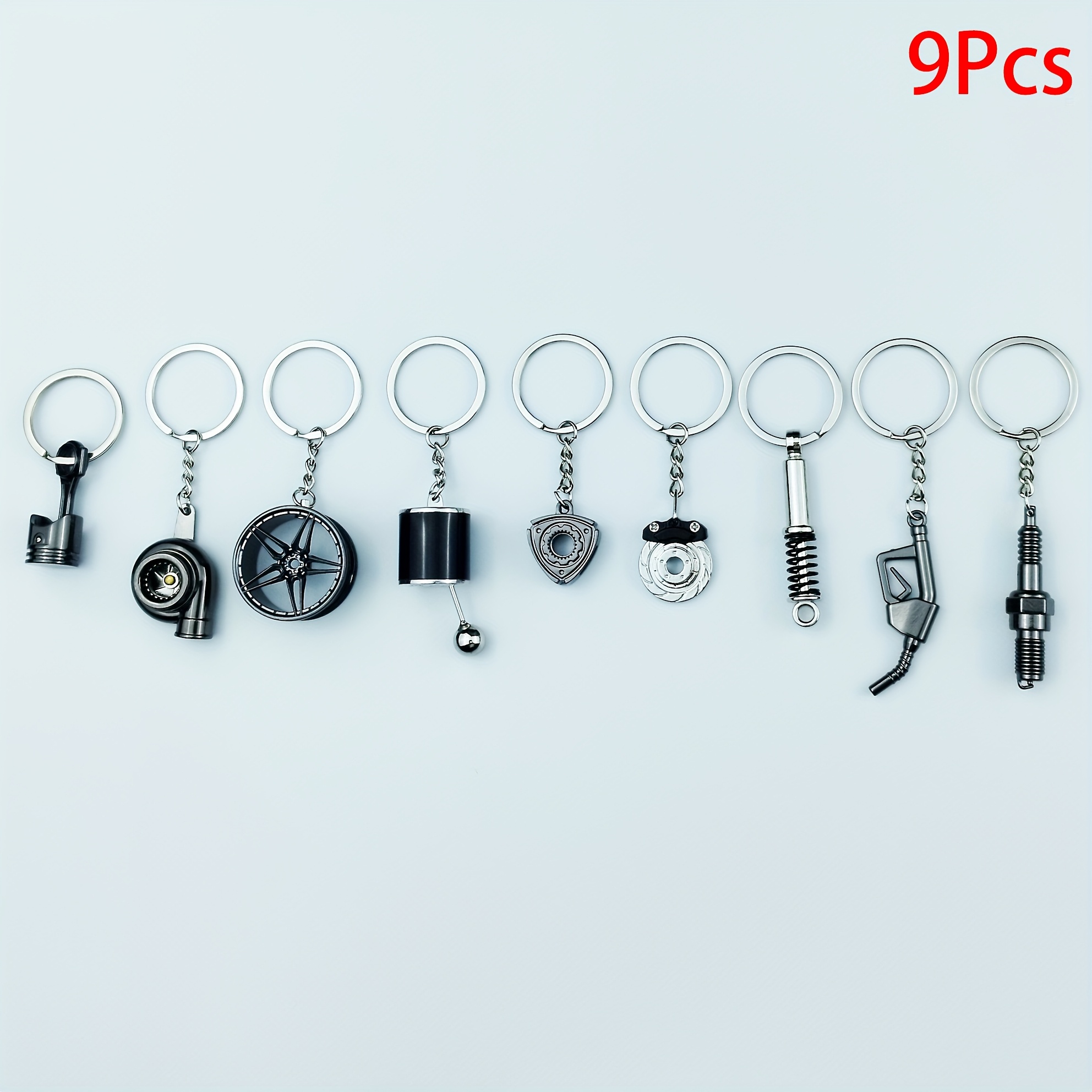 TEMU 9pcs Creative Car Modification Keychain Set, Including Piston, Turbo, Wheel , Gear Shift, Rotor, Brake Disc, Shock Absorber, Fuel Nozzle, And