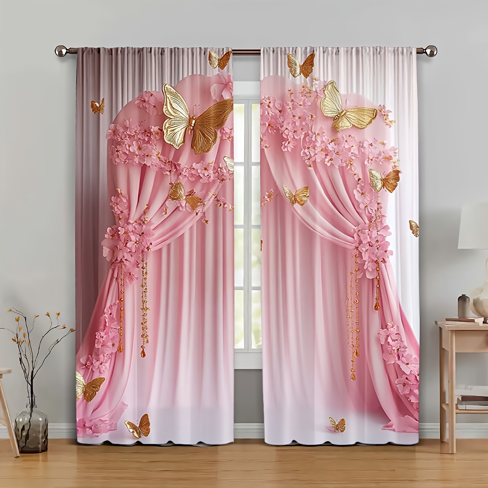 

2pcs Set Pink Floral & Butterfly Print Curtains - Rod For , Bedroom, Living Room, Office Decor - Polyester, Machine Washable