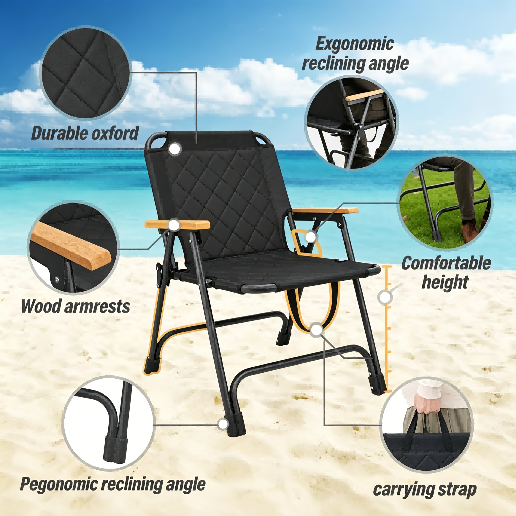 1pc Outdoor Foldable Portable Camping Chair with Armrests, Patio Folding Armchair, Beach Vacation Travel Beach Chair, Supports 300 Lbs, Suitable for Camping, Beach, Fishing, Hiking, Patio Use