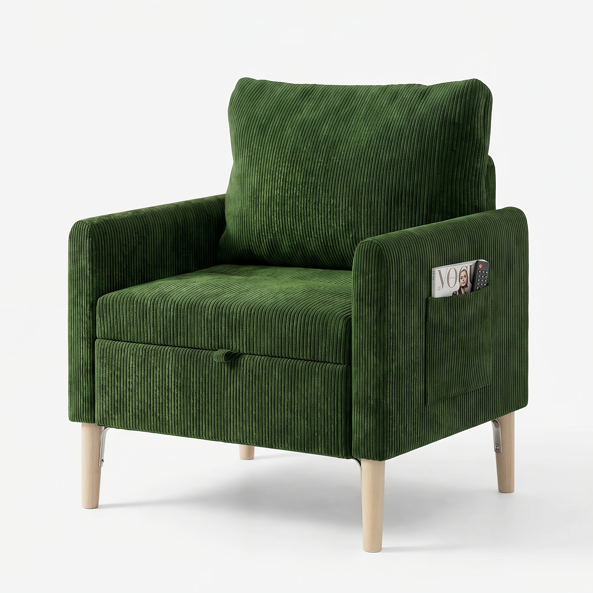 Image of Corduroy Storage Armchair, Seat With Secret Storage Cabinet, Side Pocket Organizes Remotes& Magazines, Wood Legs, Versatile For Small & Bedrooms