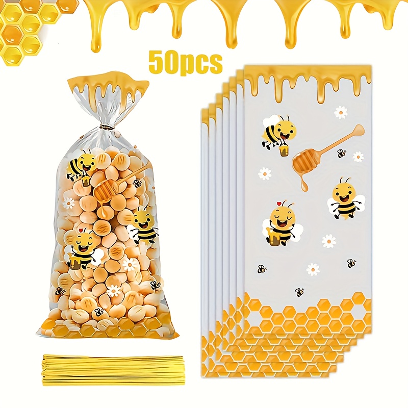 E-shop 50 Stück Transparente Plastiktüten mit Niedlichem Bienen-Design - Ideal für Snacks, Süßigkeiten und Backen - für Feiertagspartys und