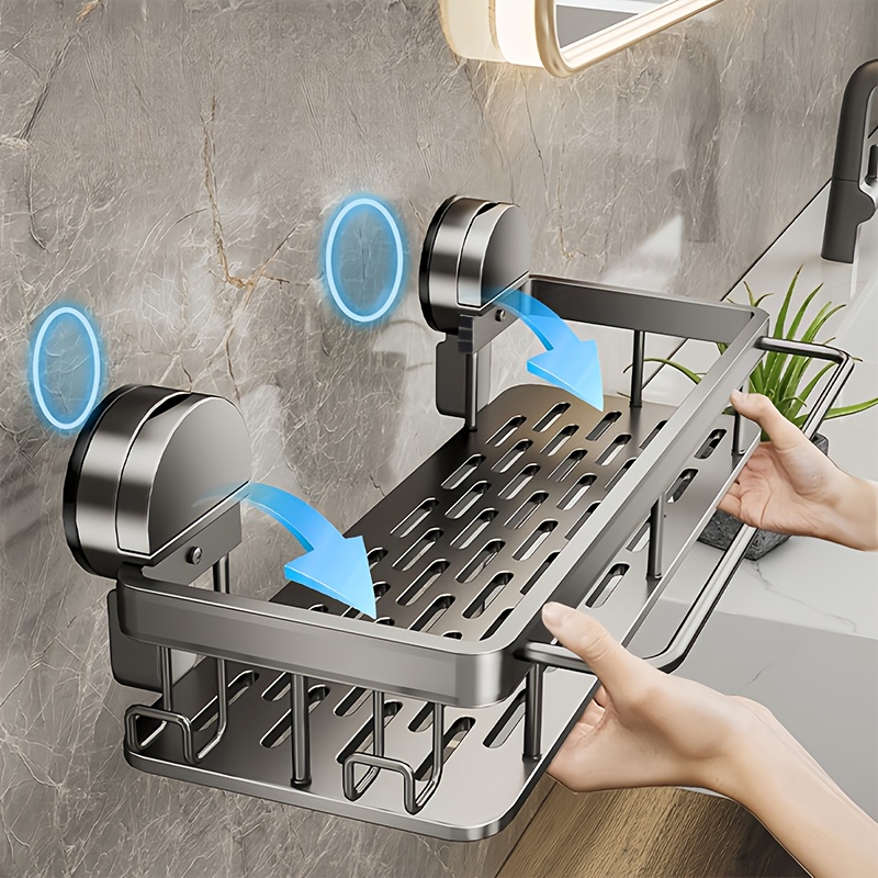 E-shop Wandmontiertes Badezimmerregal aus Aluminium ohne Bohren | Robustes, abnehmbares Design, stilvolles graues Saugnapf-Aufbewahrungsregal |