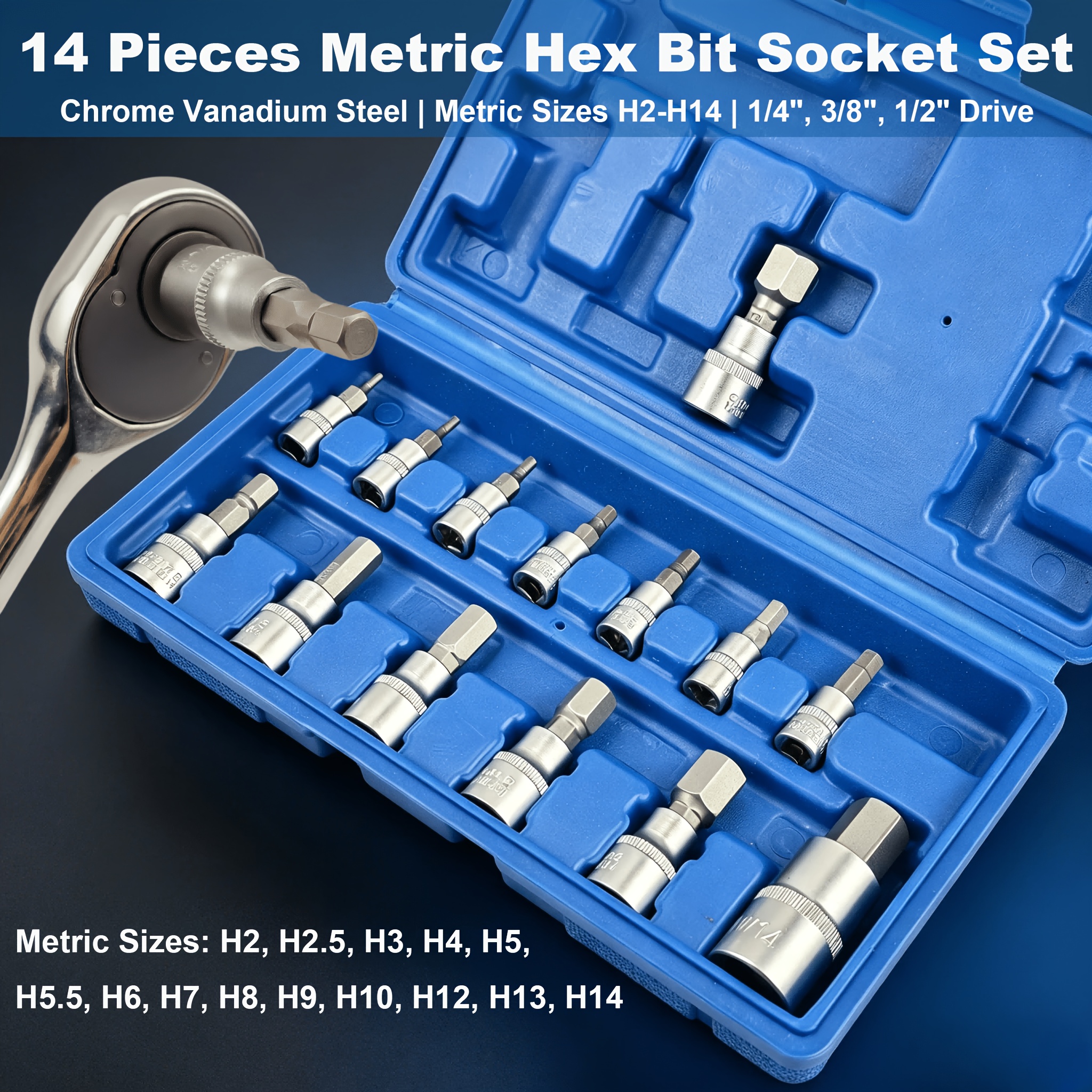 TEMU 14pcs Hex Bit Socket Set, , Metric Sizes H2-h2.5-h3-h4-h5-h5.5-h6-h7-h8-h9-h10-h12-h13-h14, 1/4", 3/8", 1/2" Drive, For Automotive, Motorcycle &