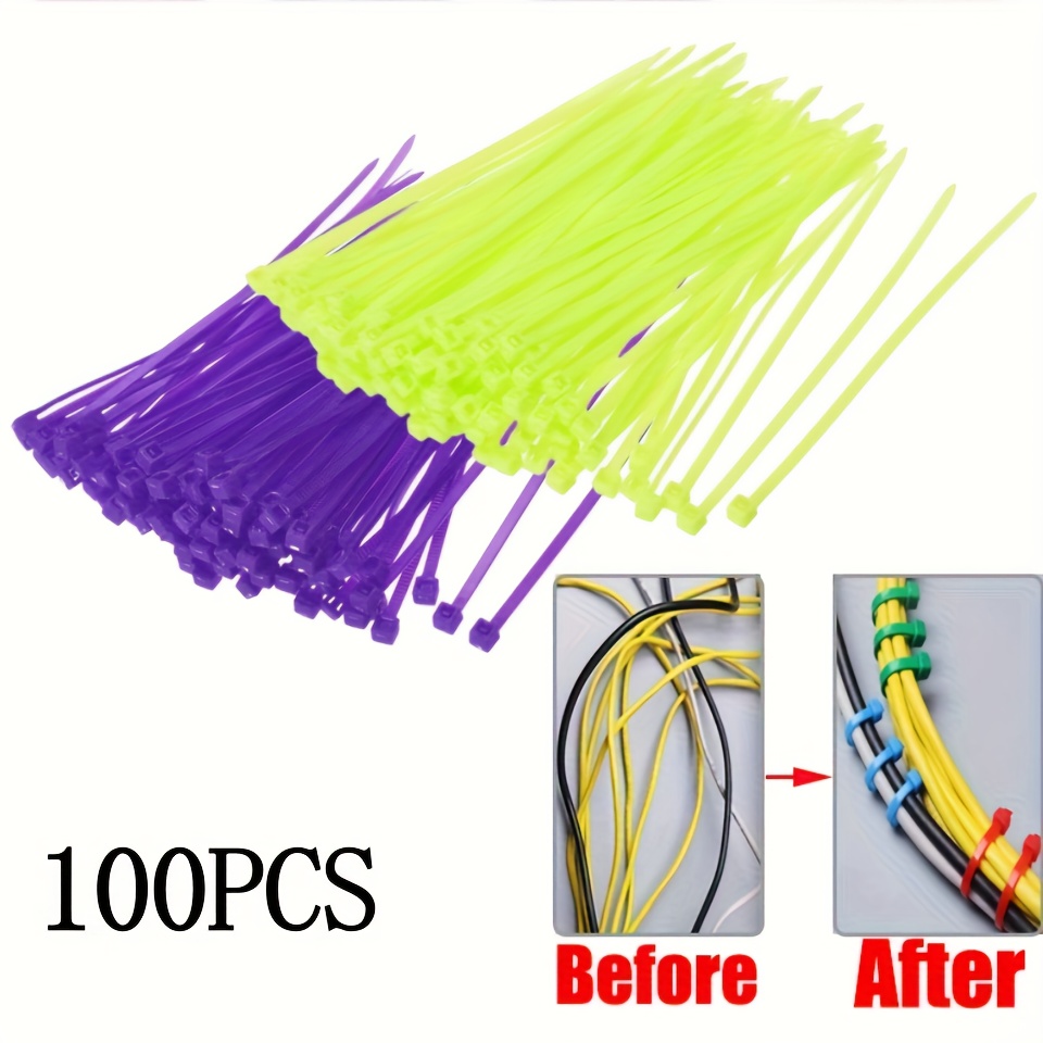 100pcs Heavy-Duty Nylon Cable Ties with Adjustable Locking Mechanism, Neon Green & Purple Colors, 10 Colors (Yellow, Blue, Red, Black, White, Orange, Pink, Brown, Gray, Clear) - Durable Mini Cord Organizers for Electronics, Wires,   - 100pcs, 10 Colors with Black Tips,   Fastening Solution, Ideal for Organizing Cables & Wires, Secure Locking System, Vibrant Colors for Easy Identification, Reuseable Cable Ties, Nylon Tie Straps,