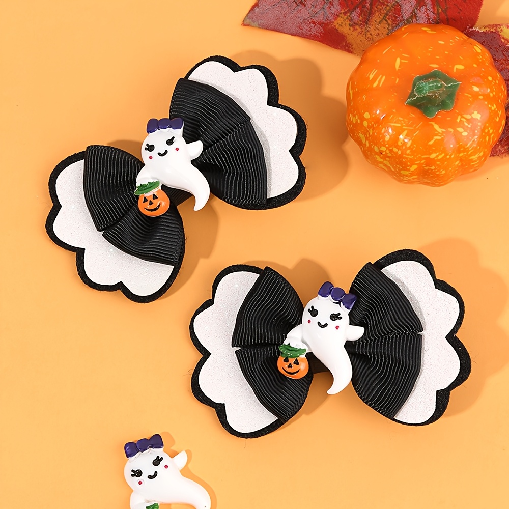 TEMU 2pcs Black Ribbon White Scalloped Glitter Base Bow Hair Clips Cute Resin Holding Mini Pumpkin Barrettes Twin Ponytail Fall Trick Or Treat Witch