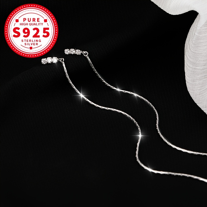 Women's S925 Sterling Silver Shiny Three-Circle Zirconia Long Tassel Earrings