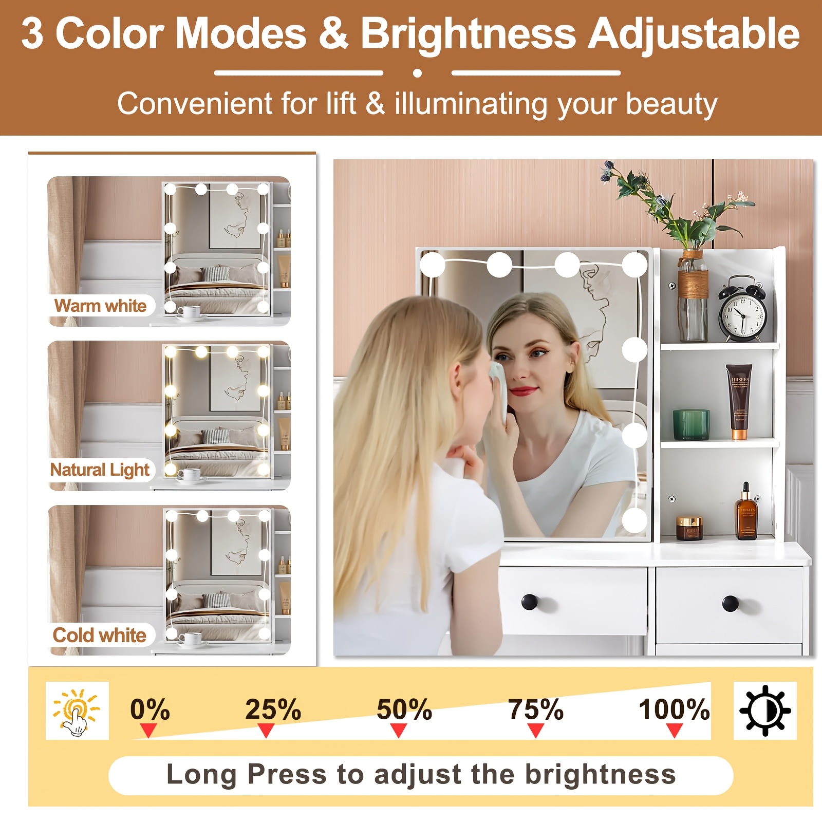 Dressing Table LED Sliding Mirror and Makeup Vanity Table Set