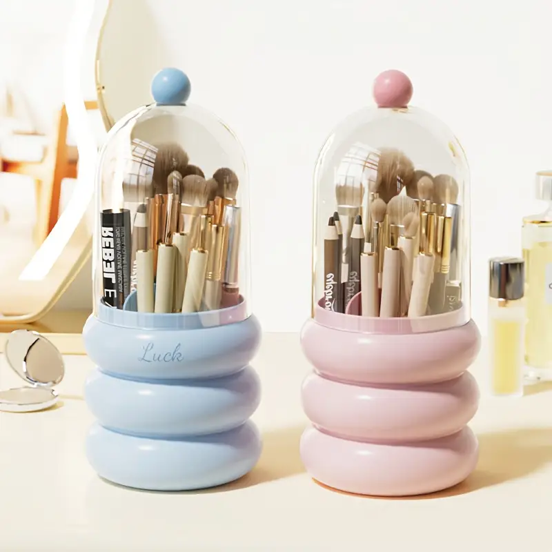 1pc rotating makeup organizer with brush holder multi compartment cosmetic office storage box durable plastic countertop organizer for bathroom vanity desk space saving design for pens brushes toothbrushes makeup brushes makeup vanity desk polished sturdy construction home organizers material home organizers Product details 1