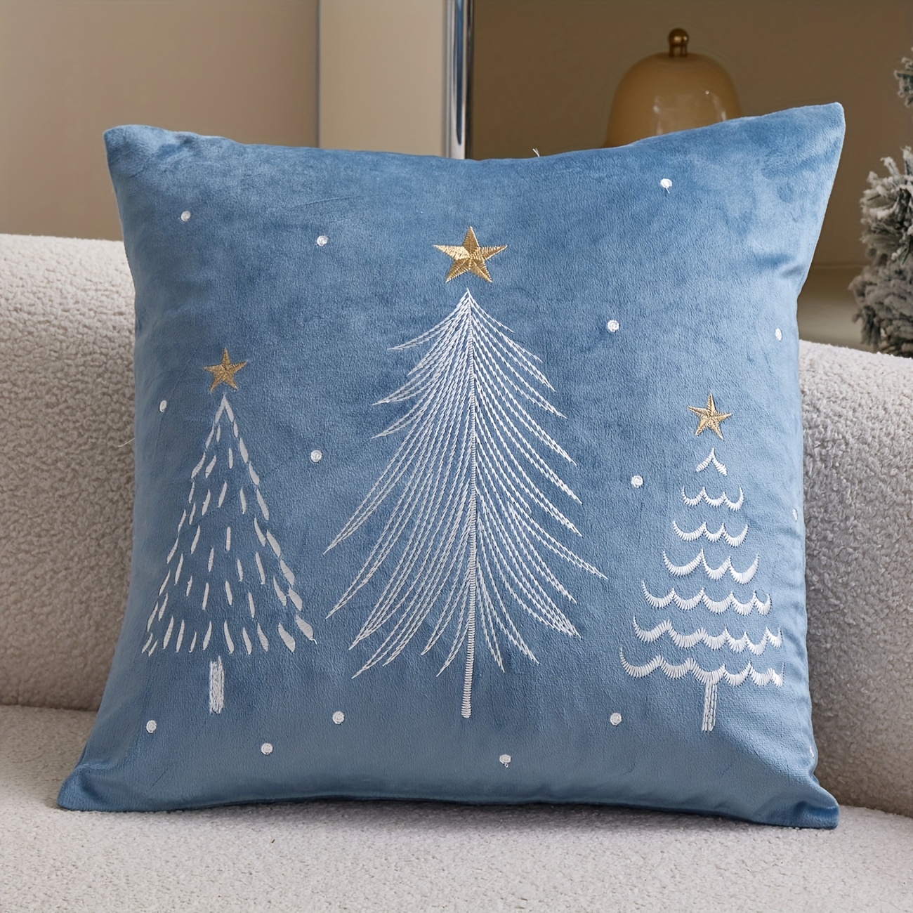 TEMU 1 pièce Housse de Coussin en Velours Broderie 3D Trois de Noël avec Étoiles Dorées - Taie de Coussin de Noël, Housse de Coussin Décorative, pour