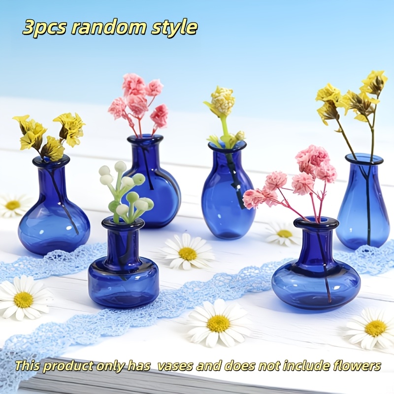 TEMU 3pcs, Styles Random, Mini Glass Vases, Thumb-sized, Dark Blue Vintage Decor, Suitable For Miniature Cottages And Desk Decorations, Miniature