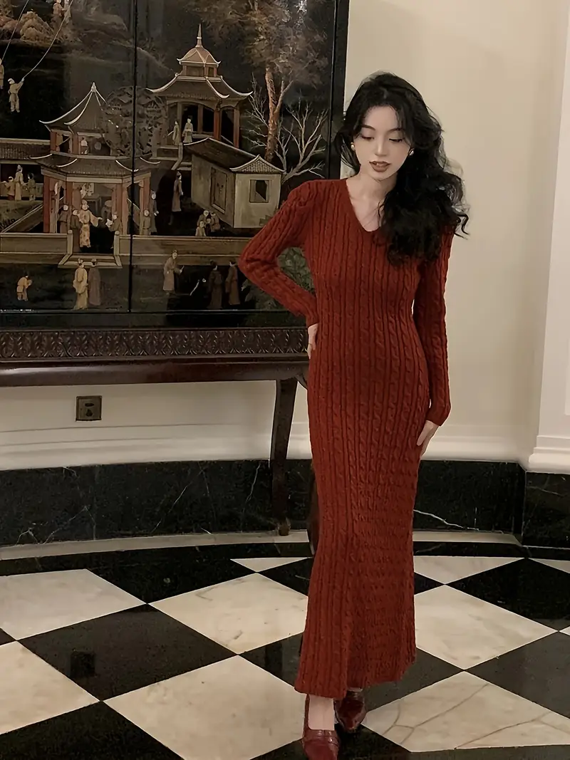 Long Sleeve V Neck Pencil Dress 1pc Elegant V Neck Cable Knit Pencil Dress Women Polyester Temu Long Sleeve V Neck Pencil Dress 1pc Elegant V Neck Cable Knit Pencil Dress Women Polyester Temu