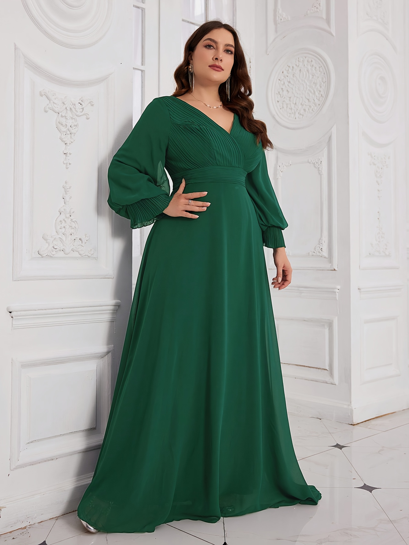 plus size deep v neck long sleeve chiffon evening dress - Temu Denmark