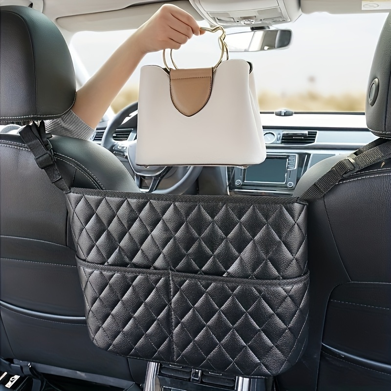 

Pu Leather Car Seat Organizer | Quilted Design With Golden-tone Ring Handle | Multi-functional Backseat Storage For Handbags & Essentials | Vehicle Accessory For Secure Travel