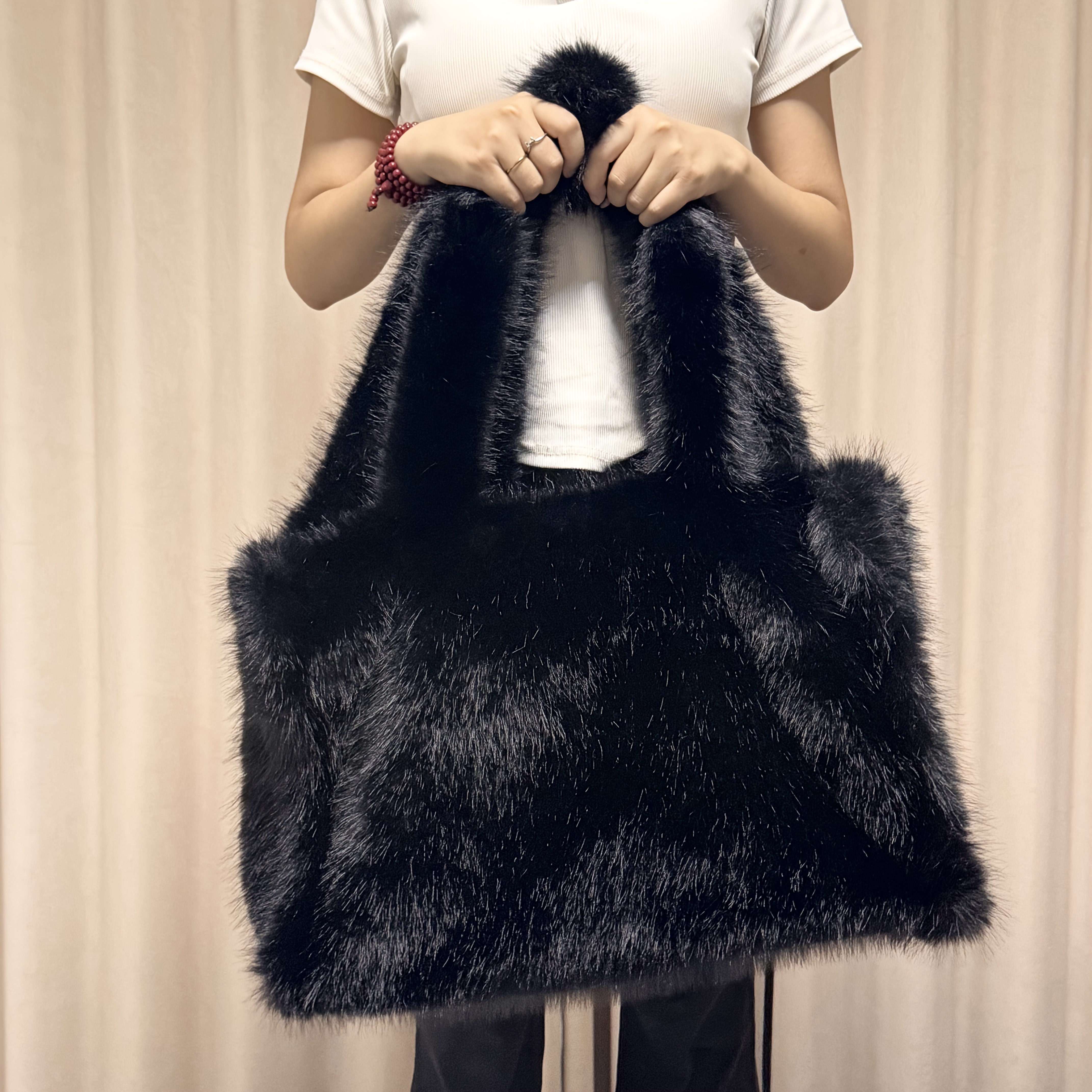 Faux Fox Fur Tote Bag with Long Strap, Large Capacity Handbag