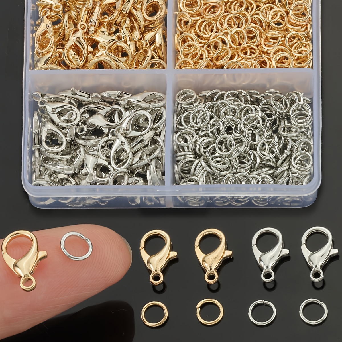 820pcs kc golden and white k 4 grid box lobster clasp   ring set including 120pcs lobster clasps and 700pcs jump rings alloy jewelry clasps necklace buckles bracelet buckles tail chain clips bead closure rings connector single loop keychain