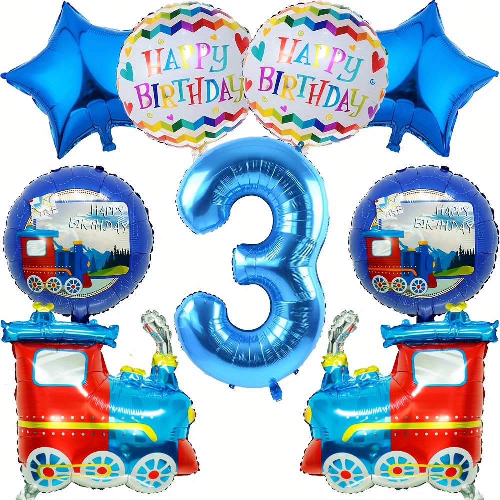9pcs Blue Train Balloon Set, Suitable For Birthday Party, Train Themed Birthday Decorations