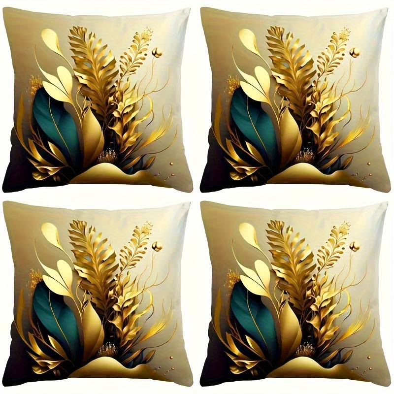 

4-pack "golden Plant" Pattern 18x18 Inch Cushion Covers, Contemporary Style, Polyester, Zippered, Hand Wash Only, For Home, Office, Living Room Decor, Sofa Accents, Woven Cover